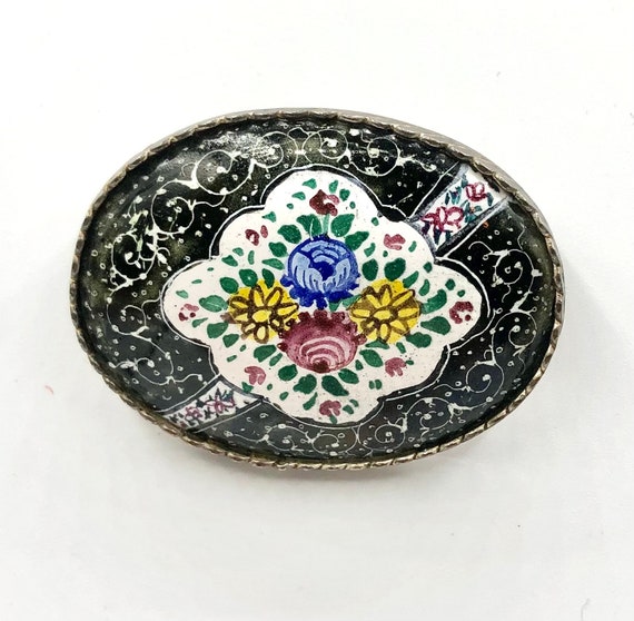 Vintage BLACK Persian Painted Enamel Pin - image 7