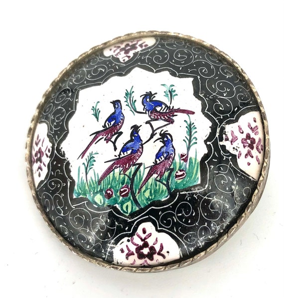 Vintage BLACK Persian Painted Enamel Pin - image 3