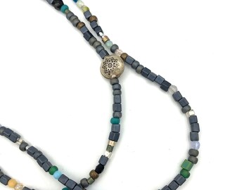 Double-strand silver and grey glass beaded necklace