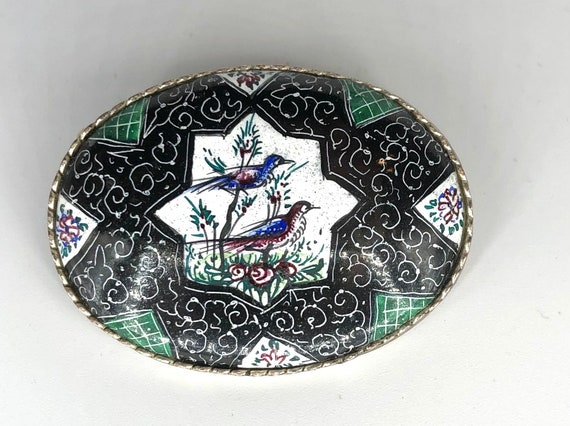 Vintage BLACK Persian Painted Enamel Pin - image 6