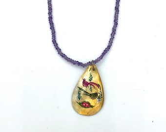 Amethyst Persian pendant necklace with birds and flowers