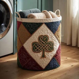 Può includere: Un cesto portabiancheria trapuntato con un motivo a trifoglio. Il cesto è cilindrico con una parte superiore e manici color crema. Presenta un design patchwork in vari colori, tra cui rosso, verde, blu e oro. Il cesto è pieno di asciugamani arrotolati.