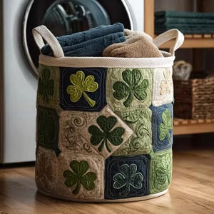 Può includere: Un cesto per la biancheria rotondo e trapuntato con un design patchwork con trifogli nelle tonalità del verde, blu e beige. Il cesto ha manici color crema ed è pieno di asciugamani piegati. Sullo sfondo c'è una lavatrice.