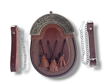 Męski szkocki antyczny celtycki Sporran ręcznie robiony brązowy Kilt Sporran 3 frędzle skórzany Sporran z bezpłatnym łańcuszkiem