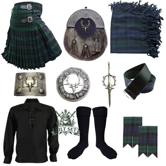 Men Scottish Kilt Set Full Highland Dress With Tartan Kilt Accessories Available in 60 + Tartans