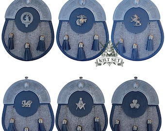 Sporran escocés de tweed negro y gris para kilt, hecho a mano para hombre, con insignia de varios estilos. Sporran de cuero negro con correa de cadena de regalo.