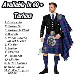 May include: A man models a traditional Scottish outfit, featuring a black jacket, waistcoat, and a purple and green tartan kilt. The image includes text: "Available in 60+ Tartans" and a list of the outfit's components.