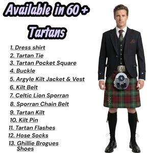 Traje tradicional escocés de 13 piezas con chaqueta y chaleco de rombos para hombre. Conjunto de kilt con tartán celta para bodas. Disponible en más de 60 tartanes.