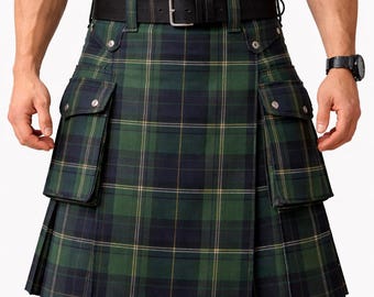 Scottish Tartan Utility Kilt for Men's Traditional Back Pleated Kilt With 2 Cargo Pockets Tartan Utility Kilt Available in 60 + Tartans