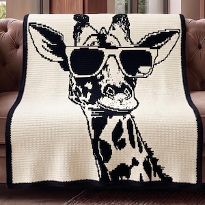 Patrón de manta de ganchillo con mosaico de jirafa en PDF, animal genial con gafas de sol, gráfico de manta de mosaico superpuesto, decoración para habitación infantil, descarga instantánea.