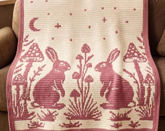 Patrón de ganchillo en PDF para manta de conejo a la luz de la luna, manta de bosque de setas, decoración cottagecore, ganchillo mosaico.