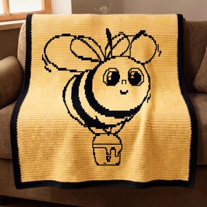 May include: A yellow crocheted blanket featuring a large, pixelated bee design in black. The bee holds a honey pot. The blanket has a black border and is draped over a brown sofa. The blanket is made of soft yarn.