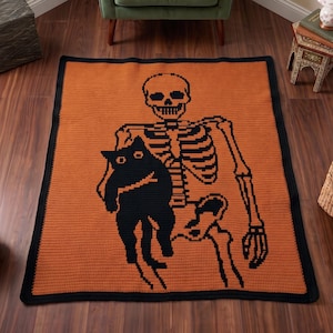 Halloween Skeleton Cat Mosaic Crochet Pattern PDF, Spooky Blanket Design, Gothic Throw, Overlay Mosaic Crochet Download, Mosaic crochet PDF