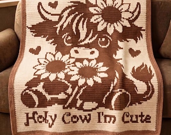 Simpatico schema all'uncinetto a mosaico di mucca, coperta con mucca e girasole in PDF, schema all'uncinetto a mosaico con animali da fattoria, modello di coperta Holy Cow, uncinetto a mosaico