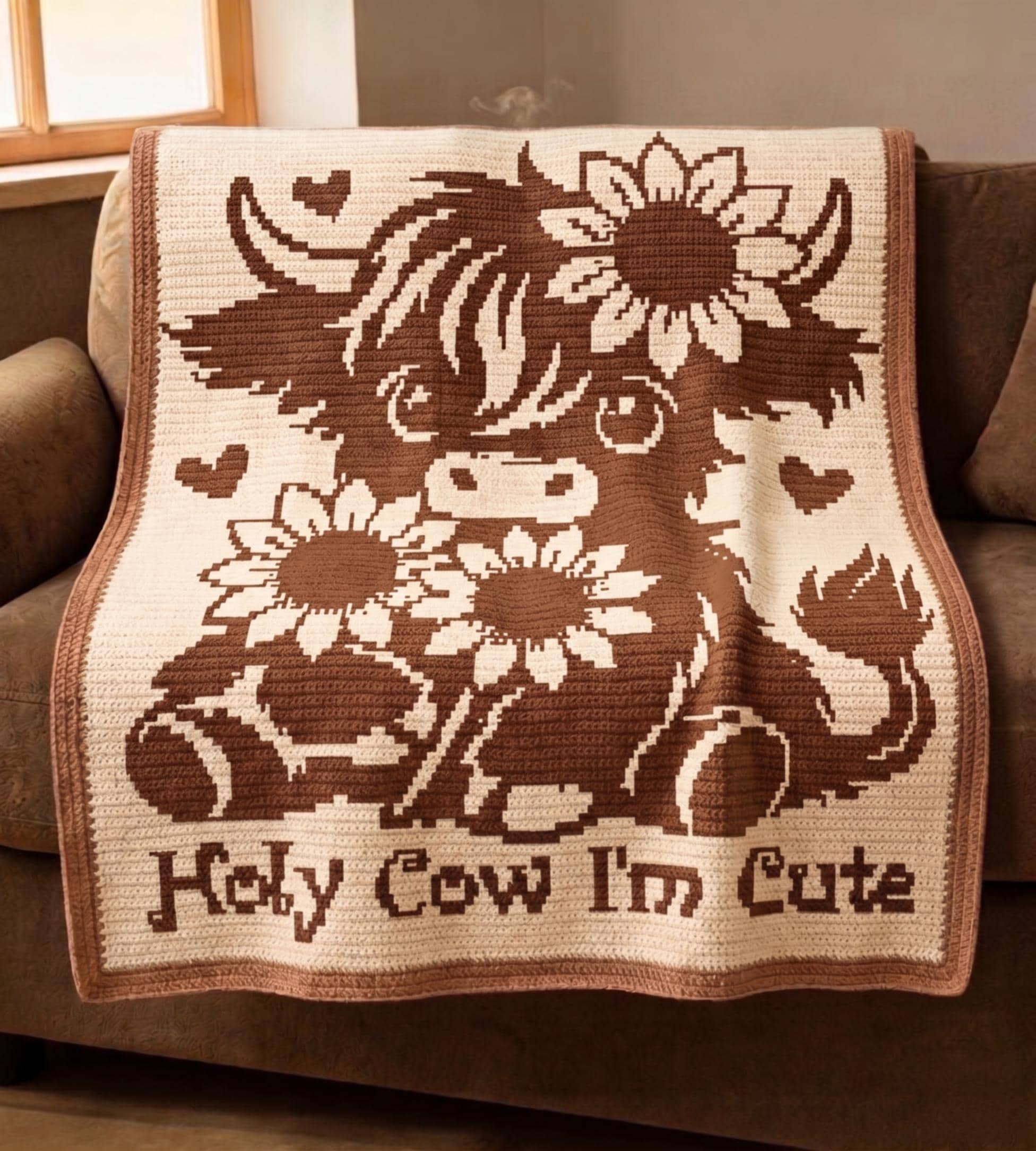 30 Sunflower Cow Crochet Patterns to Bring Rustic Farm Charm to Your Home 10 Cute Cow Mosaic Blanket Pattern with Sunflowers and Hearts