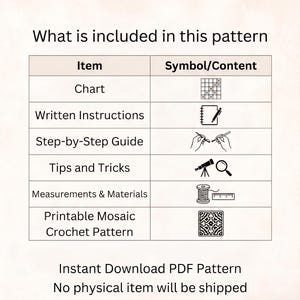 May include: A table titled What is included in this pattern listing items and symbols including a chart, written instructions, step-by-step guide, tips and tricks, measurements and materials, and a printable mosaic crochet pattern with icons.