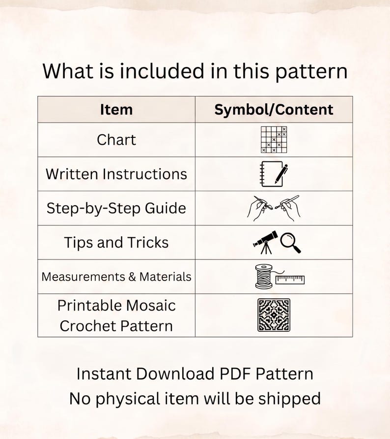 May include: A table titled What is included in this pattern listing items and symbols including a chart, written instructions, step-by-step guide, tips and tricks, measurements and materials, and a printable mosaic crochet pattern with icons.