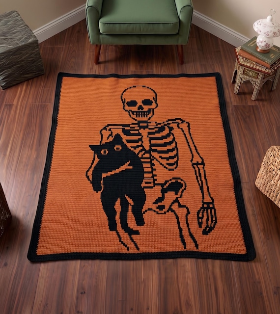 Halloween Skeleton Cat Mosaic Crochet Pattern PDF, Spooky Blanket Design, Gothic Throw, Overlay Mosaic Crochet Download, Mosaic crochet PDF