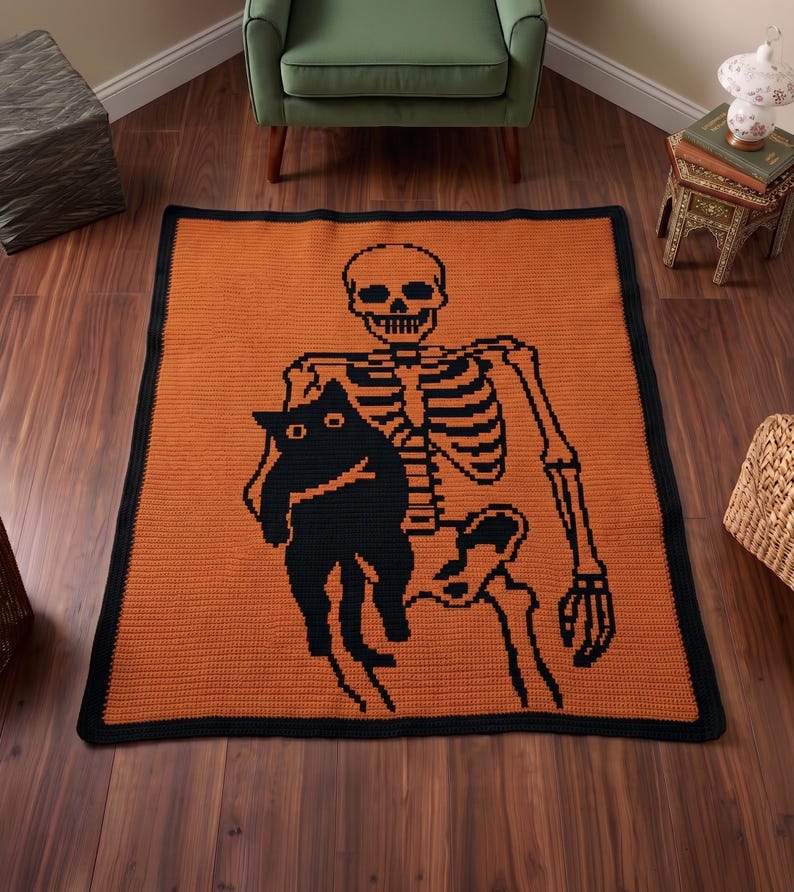 Halloween Skeleton Cat Mosaic Crochet Pattern PDF, Spooky Blanket Design, Gothic Throw, Overlay Mosaic Crochet Download, Mosaic crochet PDF image 1