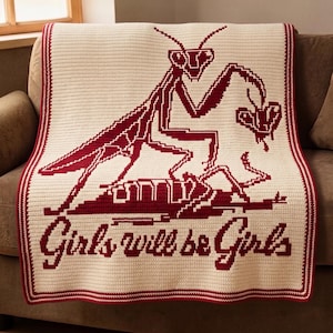 Può includere: Una coperta all'uncinetto color crema con un grande disegno di mantide religiosa bordeaux e la scritta "Girls will be Girls". La coperta ha un bordo bordeaux ed è drappeggiata su un divano.