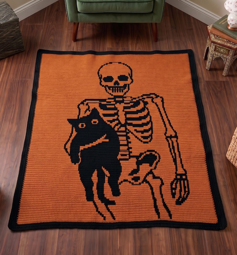 Halloween Skeleton Cat Mosaic Crochet Pattern PDF, Spooky Blanket Design, Gothic Throw, Overlay Mosaic Crochet Download, Mosaic crochet PDF image 3