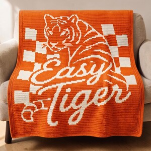 Pu&ograve; includere: Una coperta arancione all'uncinetto con un disegno di tigre bianca e le parole "Easy Tiger". La coperta presenta un motivo a scacchi ed &egrave; drappeggiata su una poltrona di colore neutro. La coperta &egrave; realizzata in un materiale morbido e strutturato.
