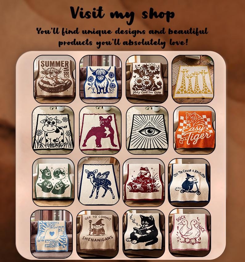 May include: A collection of sixteen rectangular woven blankets featuring various graphic designs including animals like cows, giraffes, a tiger, a frog, a cat, and a duck, alongside patterns like an eye and text such as Summer Vibes and Easy Tiger.