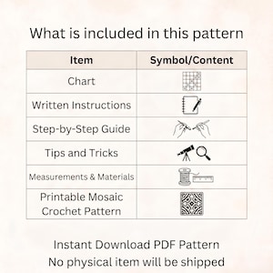 Pu&ograve; includere: Un grafico color crema con il testo "What is included in this pattern". L'immagine elenca elementi come un grafico, istruzioni scritte e una guida passo passo. &Egrave; un modello PDF scaricabile immediatamente.