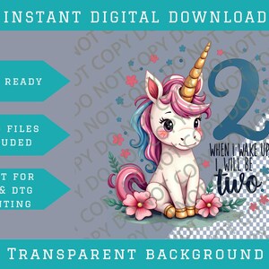 Può includere: Download digitale con un simpatico unicorno con corno dorato, criniera rosa e blu e il numero 2. Il testo include "Quando mi sveglierò, avrò due anni". Il design è pronto per la stampa con sfondo trasparente.