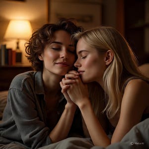 May include: Two women with closed eyes, holding hands, in a warm, dimly lit room. One woman has short, curly brown hair and wears a gray shirt. The other has long, blonde hair and a dark top. The scene evokes intimacy and connection.