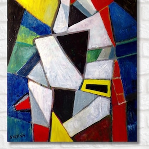 May include: Abstract painting with geometric shapes in a variety of colors. The artwork features white, black, red, yellow, and blue shapes. The artist's signature, SHCH 24, is visible in the lower left corner.