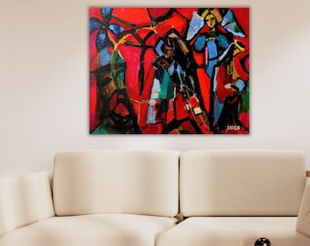 Art Abstrait Ange Gardien, Peinture Cubisme Rouge Bleu, Poster Moderne Horizontal, Telechargement Numerique Fichier 4:5 ISO