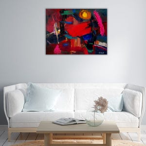 May include: An abstract painting featuring bold, expressive brushstrokes in vibrant shades of red, deep blue, yellow, and hot pink. The composition includes dark, moody undertones and a prominent yellow circular form, with the artist signature SHGH in white.