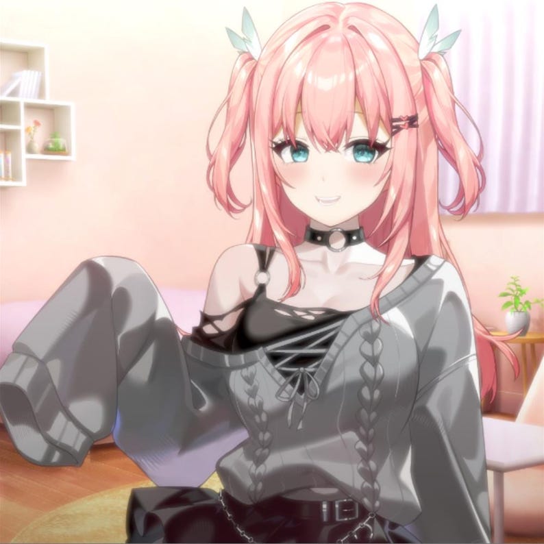 May include: An anime-style illustration of a person with pink hair and blue eyes. The person is wearing a black top with a gray sweater and a black choker. The background is a soft, blurred interior scene.