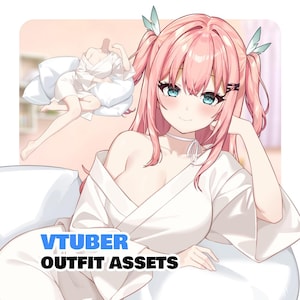 May include: Digital illustration of a female anime character with pink hair and blue eyes, wearing a white robe. The text "VTUBER OUTFIT ASSETS" is displayed in blue and black. A second, smaller illustration of the character is in the background.