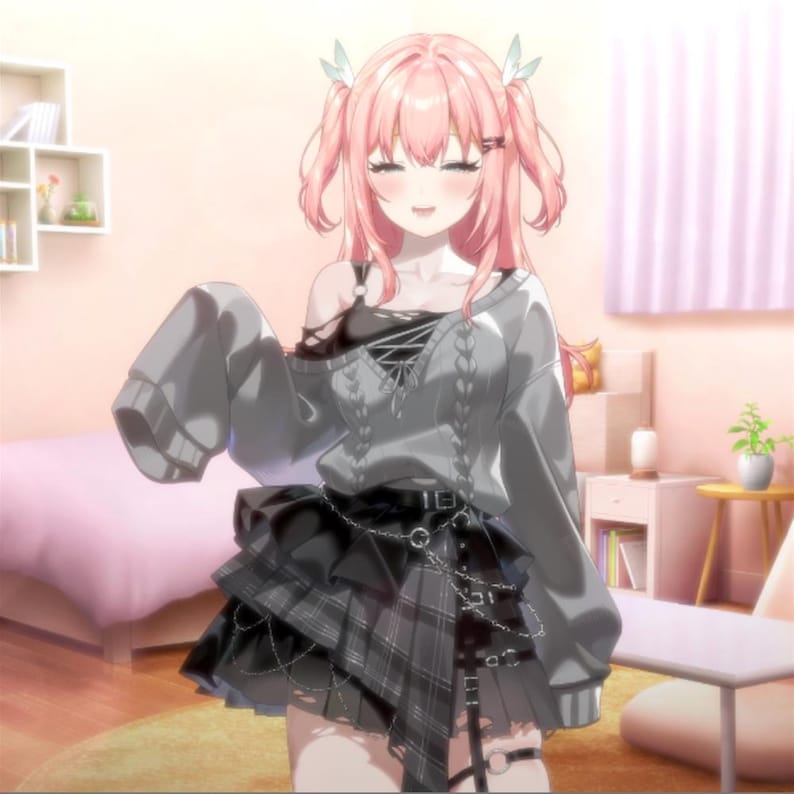 May include: Anime-style illustration of a person with pink hair in pigtails, wearing a gray sweater over a black top and a black plaid skirt. The outfit is accessorized with a chain belt and straps. The background is a soft, blurred interior.