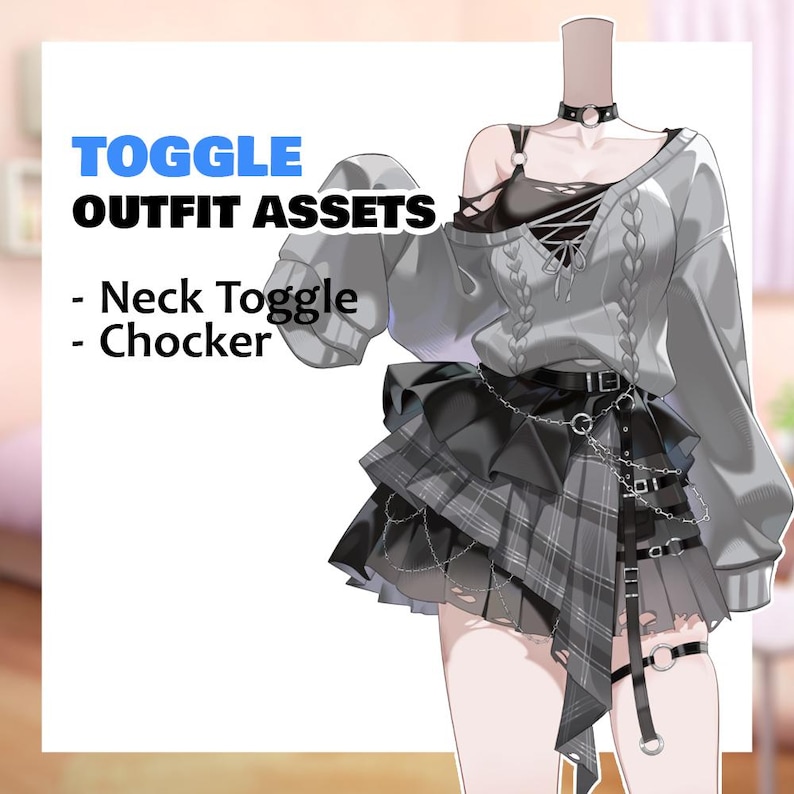 May include: A gray outfit with a black skirt and a choker. The outfit includes a gray sweater, a black top, and a layered skirt with a plaid pattern. The text on the image says "TOGGLE OUTFIT ASSETS - Neck Toggle - Chocker."