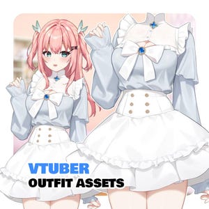 May include: Illustration of a light blue and white outfit with a ruffled skirt and long sleeves. The outfit features a large white bow and gold buttons. The text "VTUBER OUTFIT ASSETS" is displayed in blue and black.