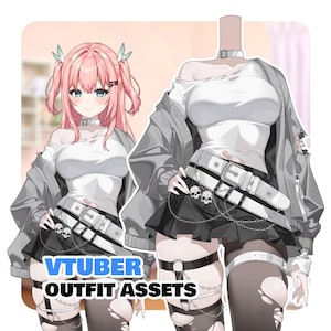 Może przedstawiać: Cyfrowa ilustracja stroju VTuber. Strój zawiera biały top z odkrytymi ramionami, szarą kurtkę, czarną spódnicę i pasek z czaszkami. Tekst "VTUBER OUTFIT ASSETS" jest wyświetlany na dole.