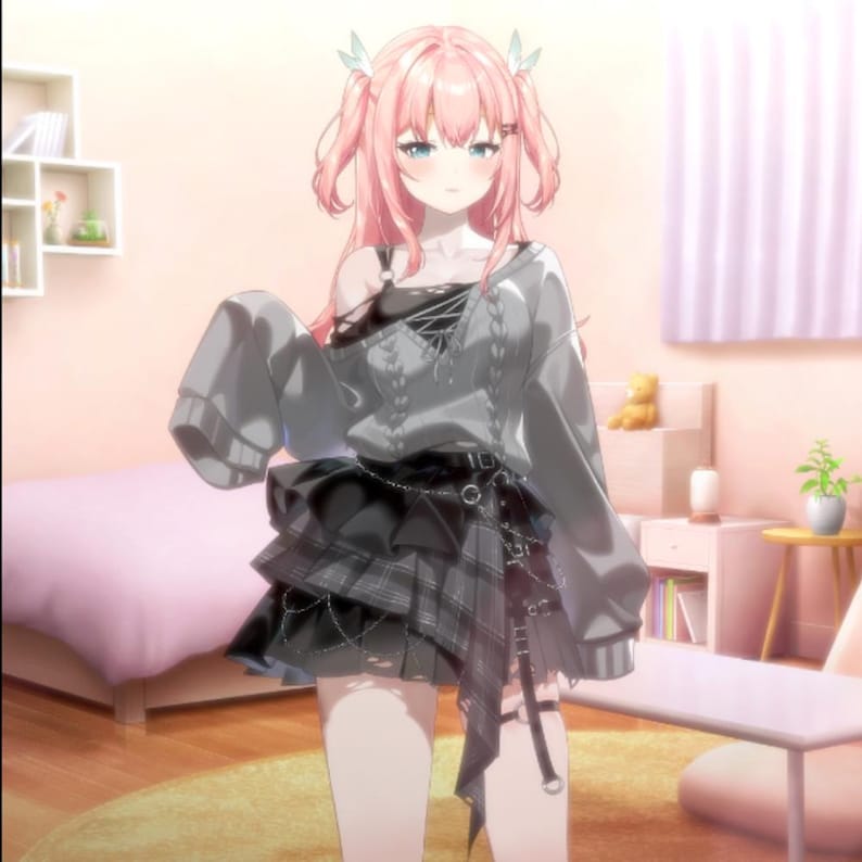 May include: Anime-style character wearing a gray off-the-shoulder sweater, a black layered skirt with chain accents, and a garter belt. The character has pink hair styled in pigtails and is set in a softly lit room with a pink bed and a small table.