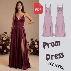 May include: A burgundy satin prom dress with a high slit and spaghetti straps. The dress has a V-neckline and a flowing A-line skirt. The image also includes a PDF icon and a diagram of the dress, with the words "Prom Dress" and sizes XS-XXXL.