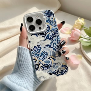 Funda para iPhone con diseño de ondas japonesas, IMD plateado galvanizado, resistente a los golpes