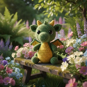 Puede incluir: Un dragón de ganchillo verde y amarillo sentado en un banco de madera, rodeado de flores. El dragón tiene grandes ojos negros, cuernos amarillos y alas verdes. El fondo muestra un jardín con diversas flores.