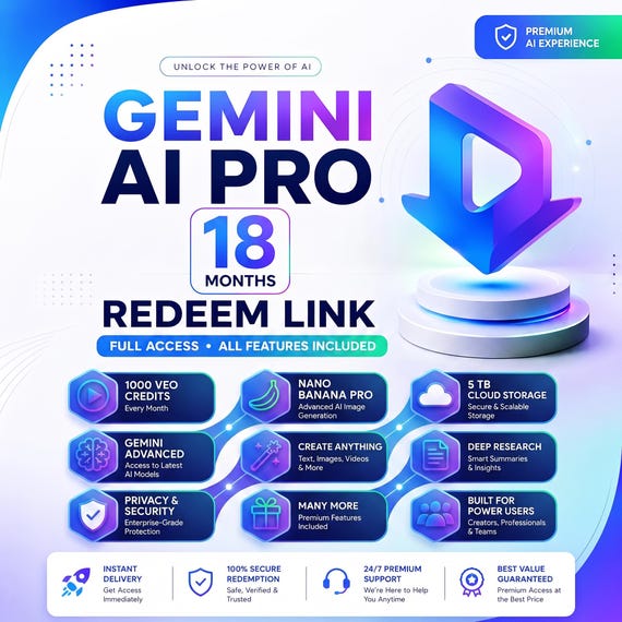 Gemini AI Pro – 18 Month Access | Redeem Code Included | Instant Digital Delivery