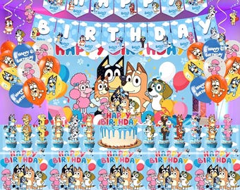 Bluey Birthday Party Decorations Kit | All-in-One Party Supplies with Backdrop, Cake Toppers, Balloons