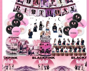 BlackPink Birthday Party Supplies,KPop Theme Party Decorations for Blink Fans,Banner,Cake Topper,Balloons &Tableware Set,Blink Party Favors
