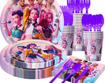 Pink Kpop Birthday Party Supplies Set | Anime Girl Group Theme Decor | Photo Backdrop, Plates, Cups, Napkins