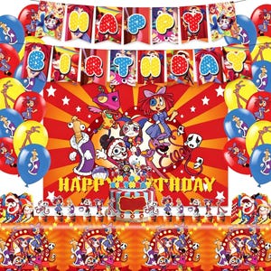 以下が含まれることがあります： 漫画のキャラクターが特徴の、カラフルな誕生日パーティーの装飾セット。風船、「Happy Birthday」と書かれたバナー、ケーキ、テーブルカバーが含まれています。配色は赤、黄、青、白です。