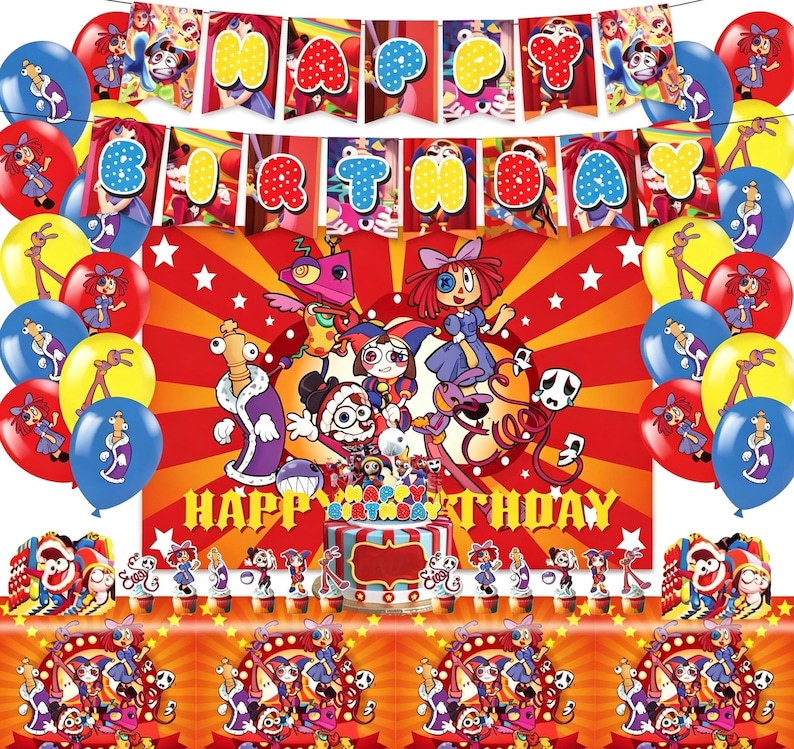 以下が含まれることがあります： 漫画のキャラクターが特徴の、カラフルな誕生日パーティーの装飾セット。風船、「Happy Birthday」と書かれたバナー、ケーキ、テーブルカバーが含まれています。配色は赤、黄、青、白です。