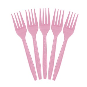 May include: Five pink plastic forks arranged in a fan shape against a white background. Each fork has a long handle with a diamond pattern and four tines. The forks are a light, pastel pink color.